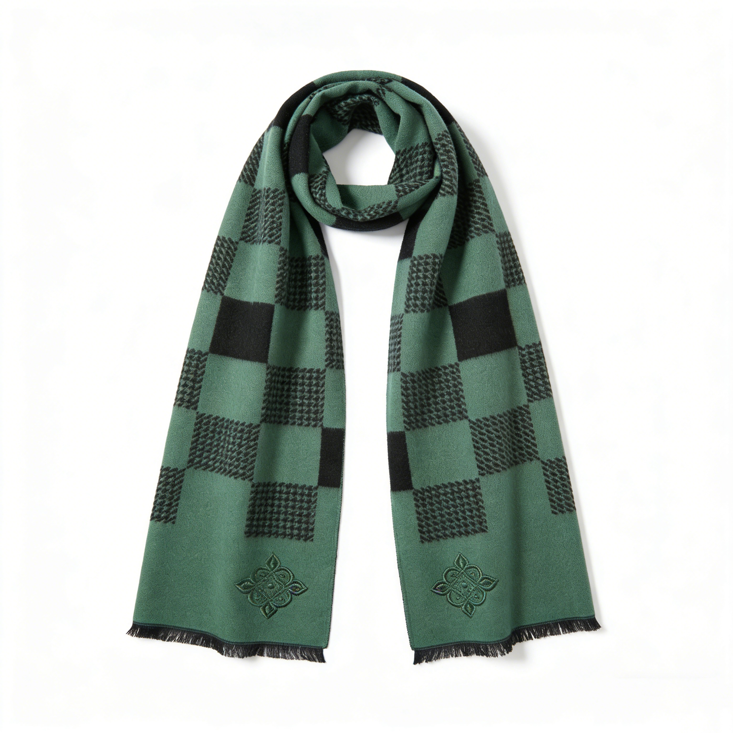 Forest Green Checkerboard Embroidered Scarf
