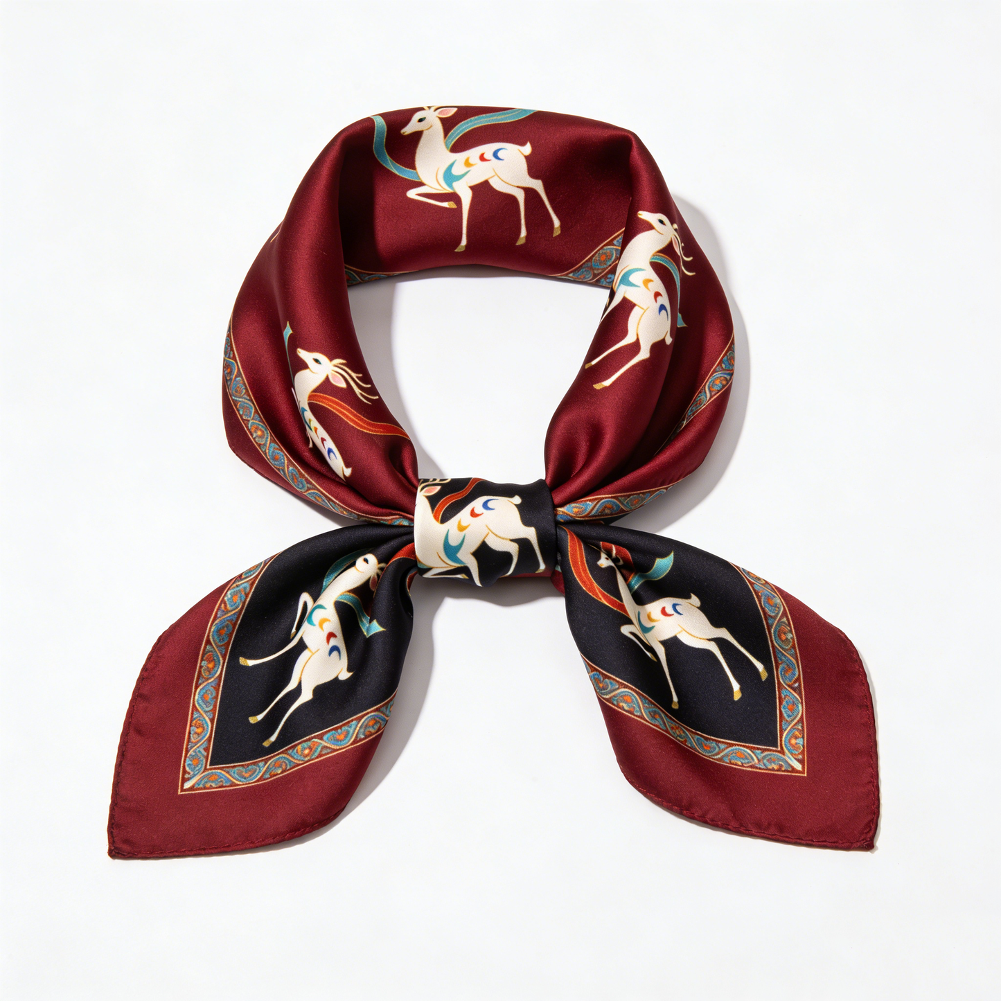Burgundy Auspicious Deer Totem Silk-Like Scarf