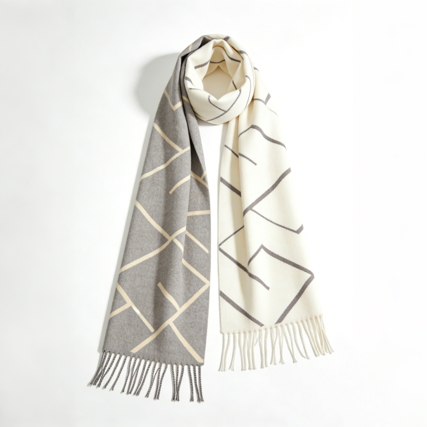 Grey & Cream Geometric Line Reversible Scarf