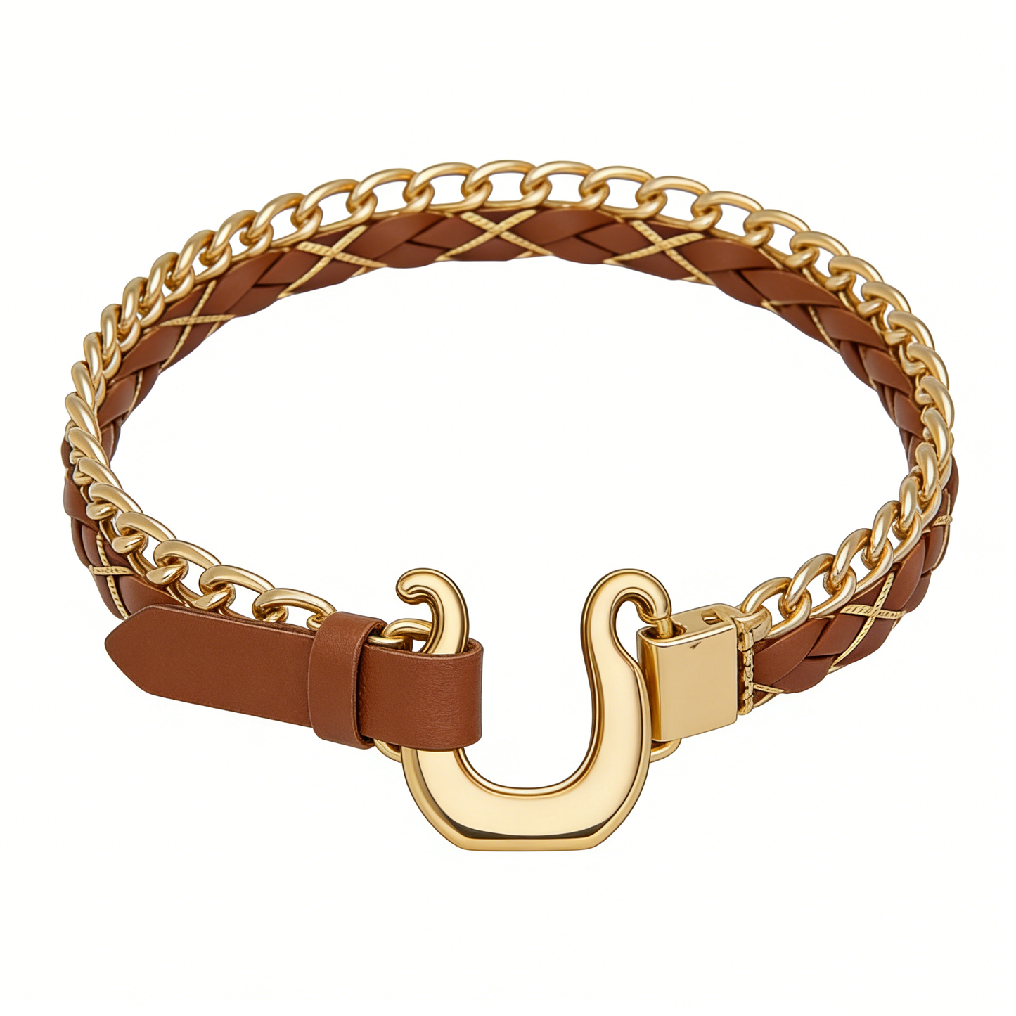 Braided Leather Gold Buckle Waist Belt