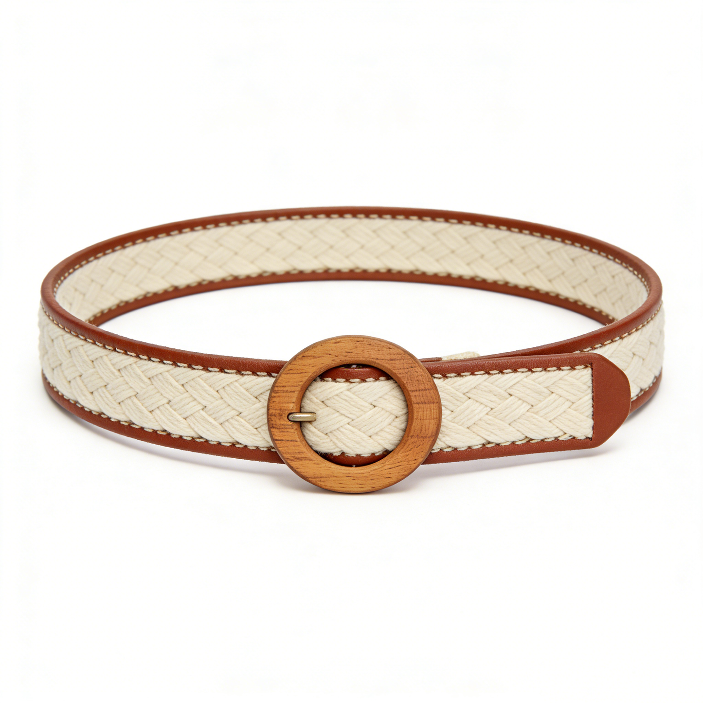 Woven & Leather Belt with Wooden Buckle