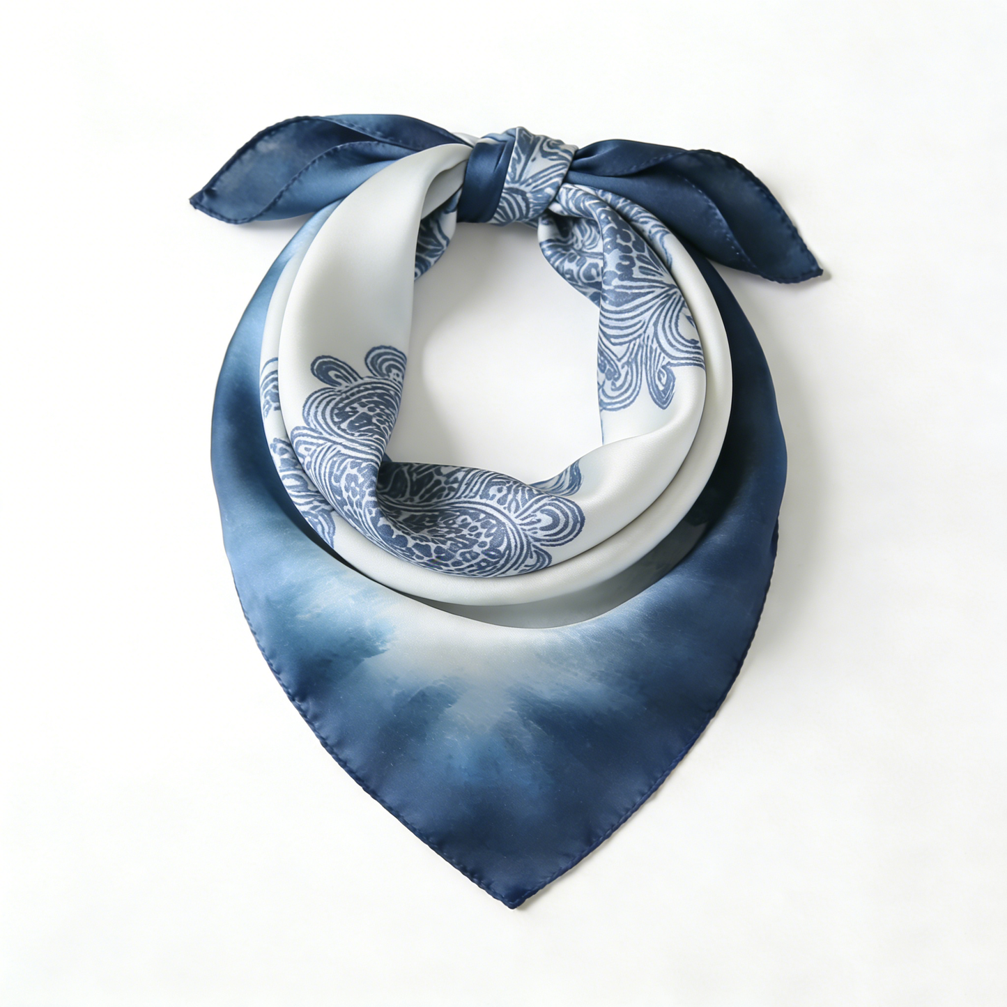 Blue and White Dyed Navy Silk-Like Triangle Scarf