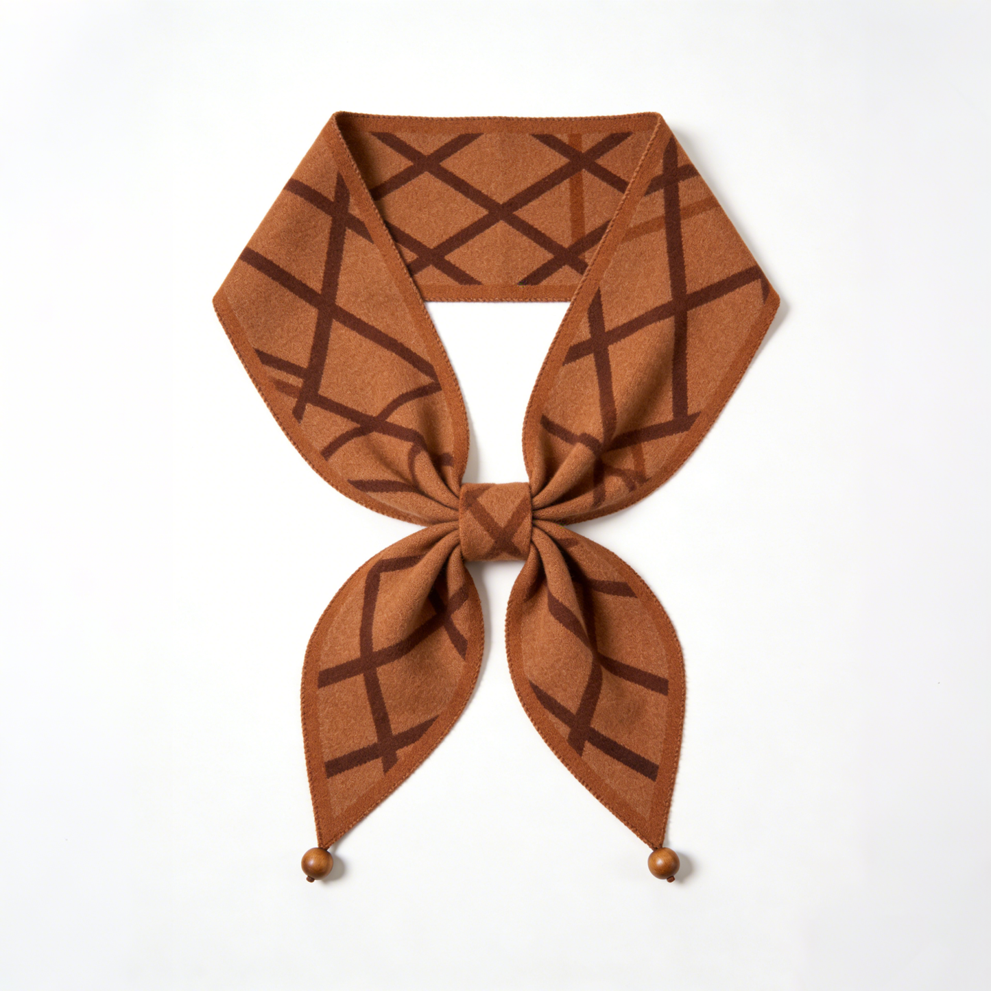 Caramel Checkered Knit Scarf with Wooden Scarf