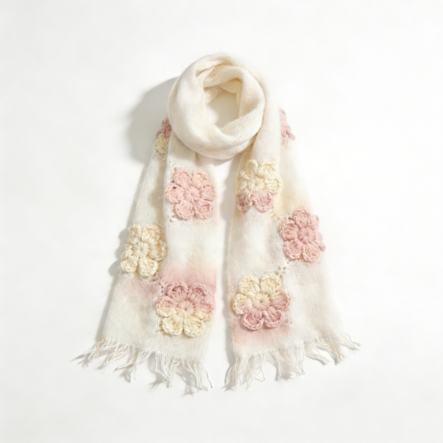 Hand-Knitted Flower Cream Mohair Scarf