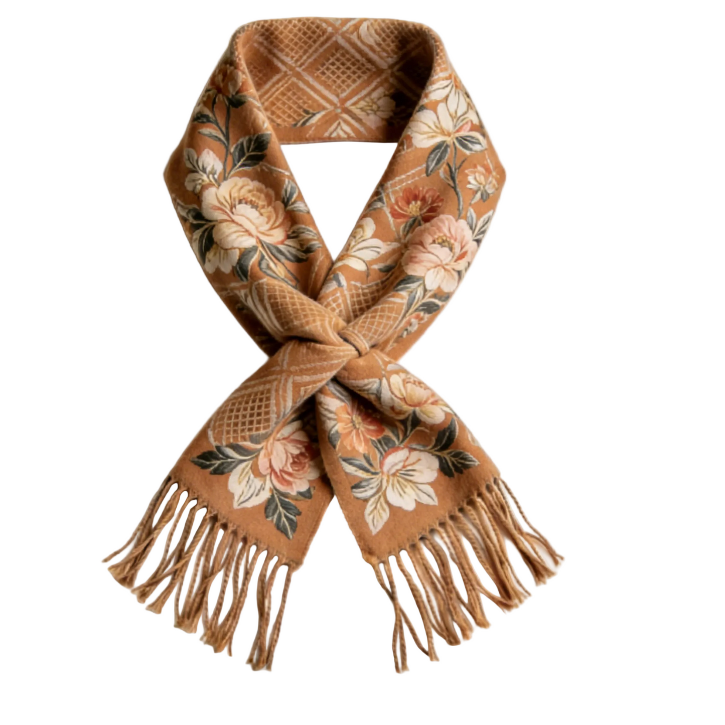 Caramel Peony Floral Tasseled Scarf