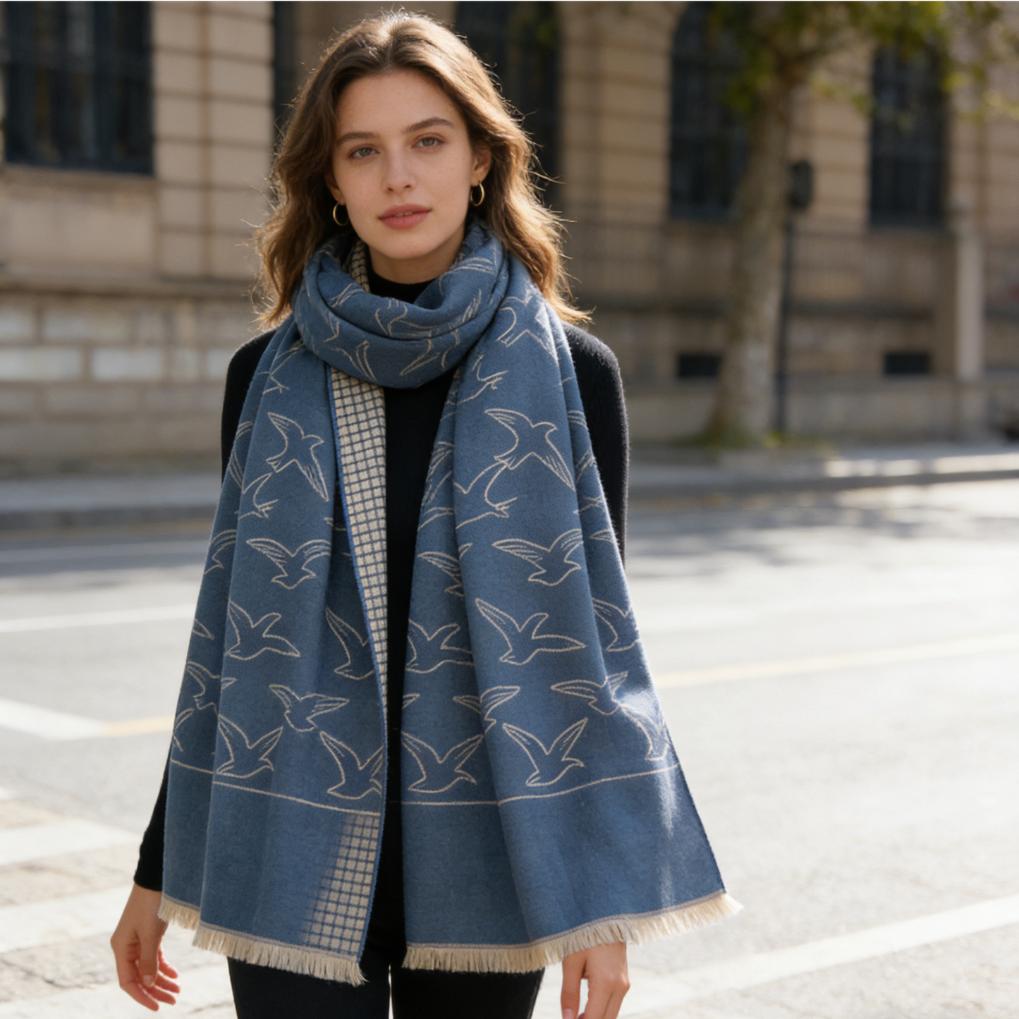 Misty Blue Swallow Reversible Jacquard Scarf