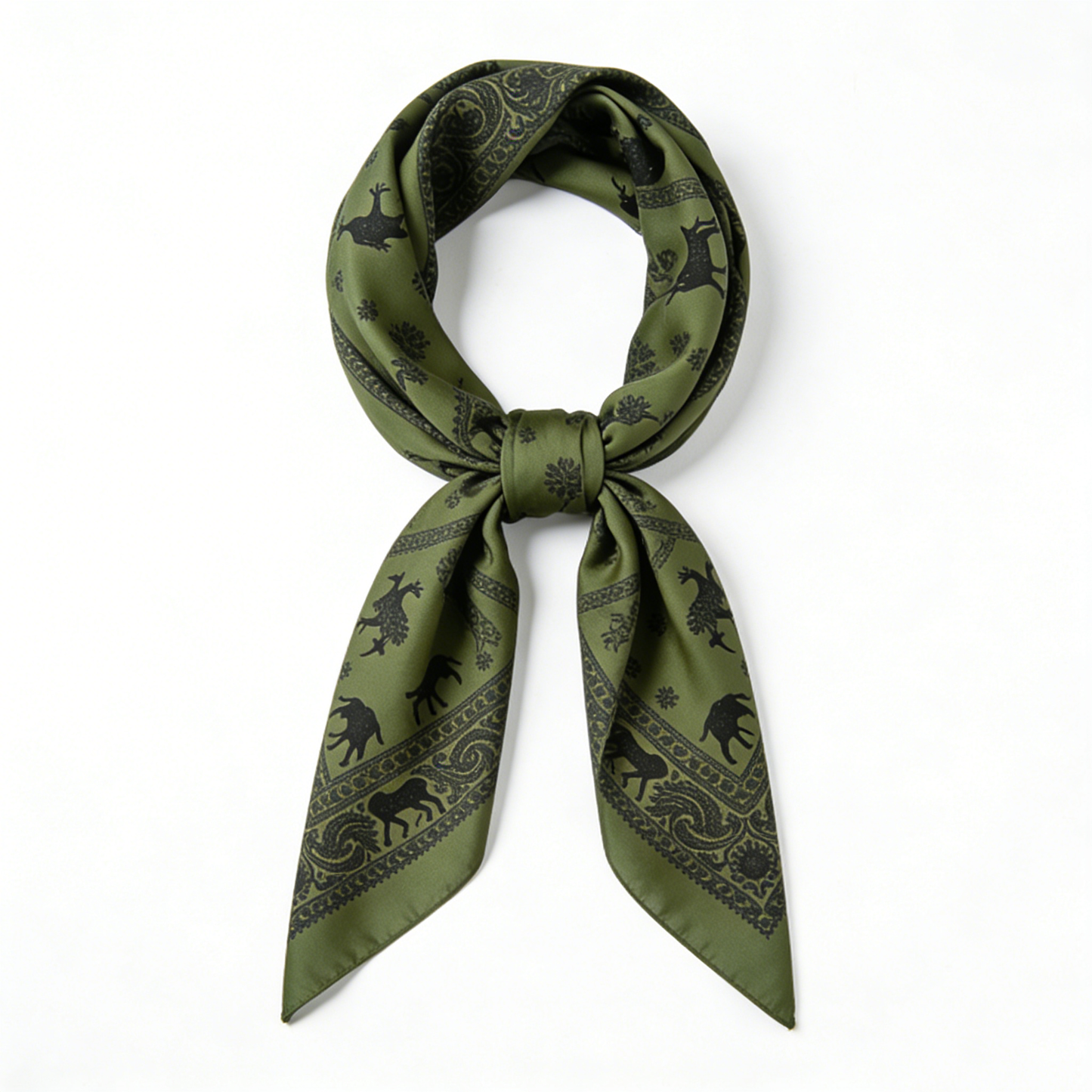 Olive Green Paisley Deer Silk-Like Scarf