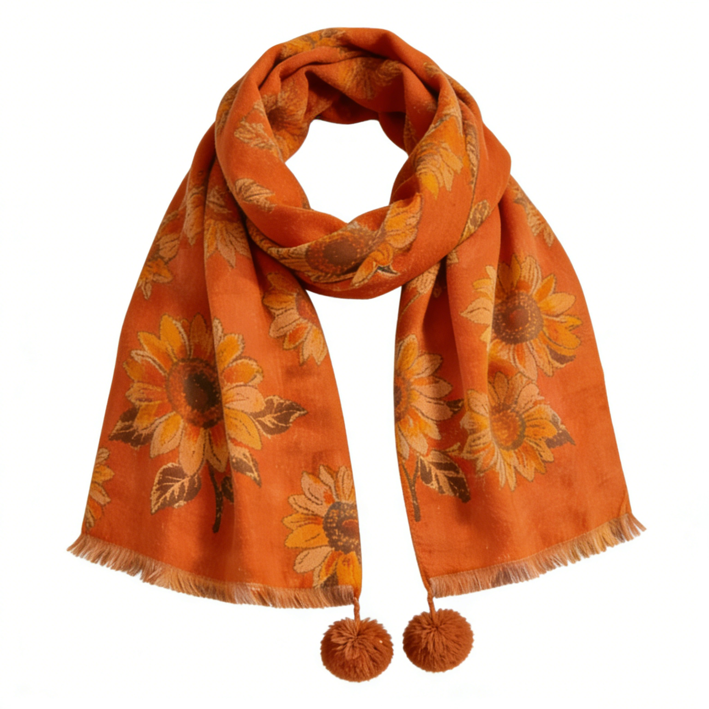 Sunflower Print Scarf with Pom-Pom Tassels