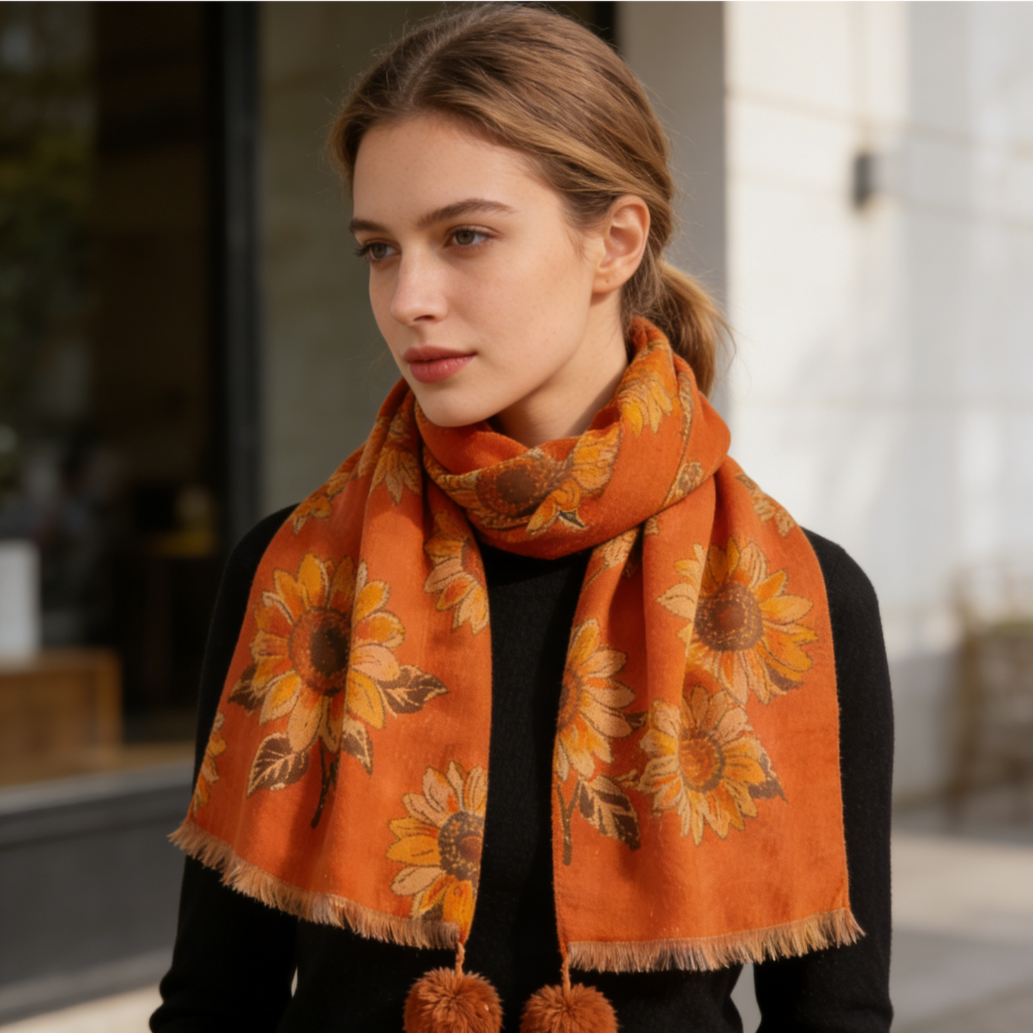 Sunflower Print Scarf with Pom-Pom Tassels