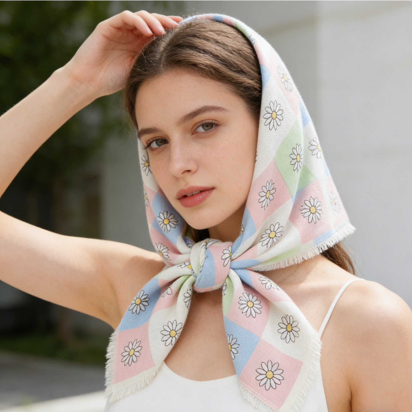 Macaron Checkered Daisy Square Scarf