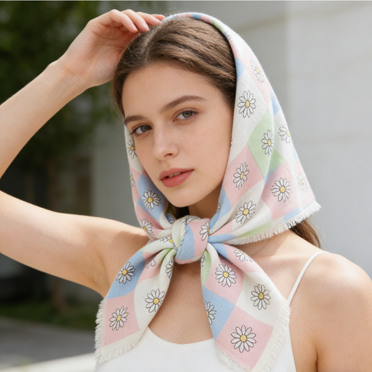 Macaron Checkered Daisy Square Scarf