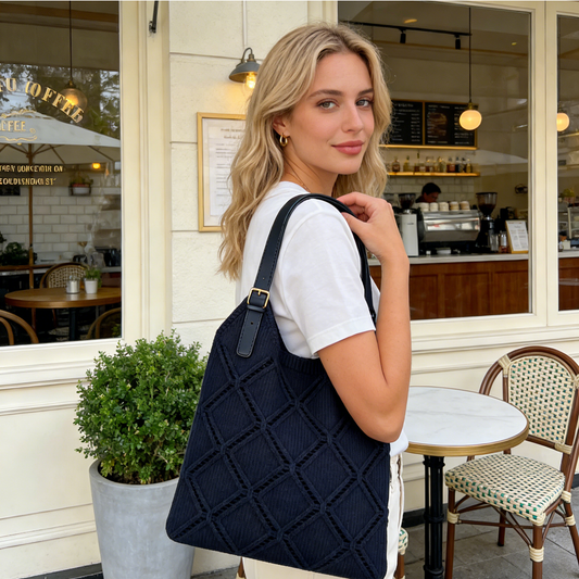 Navy Diamond Knit Tote Bag