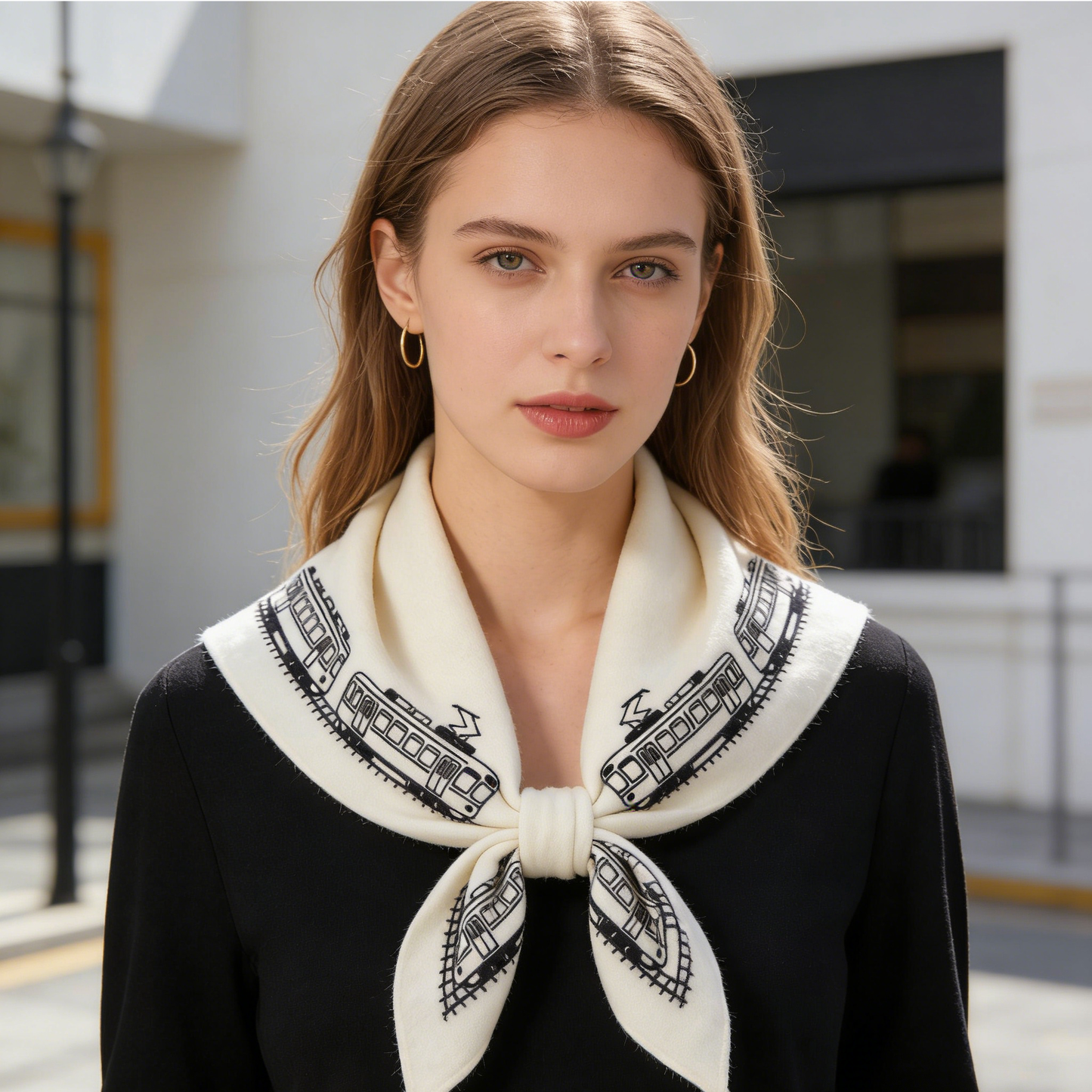 Cream Train Print Knit Triangle Scarf