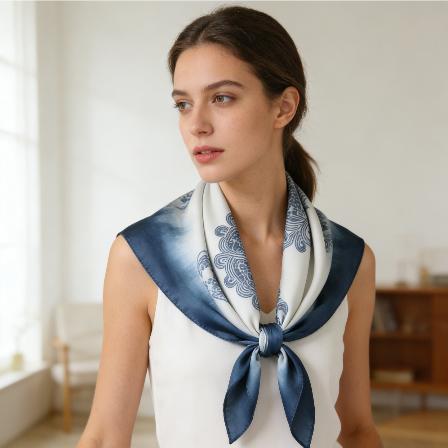 Blue and White Dyed Navy Silk-Like Triangle Scarf