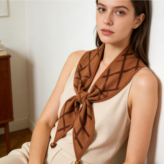 Caramel Checkered Knit Scarf with Wooden Scarf