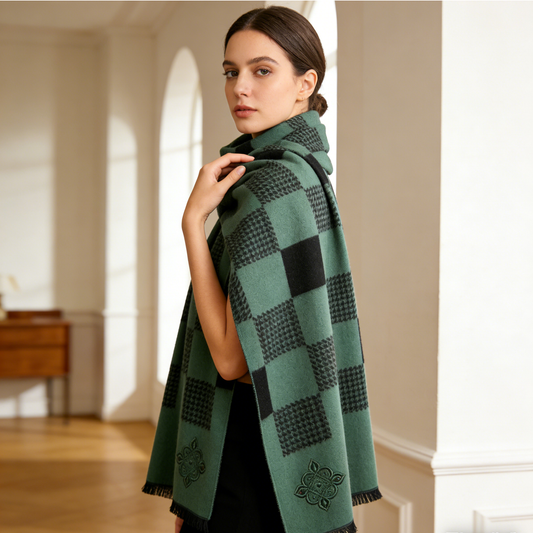 Forest Green Checkerboard Embroidered Scarf