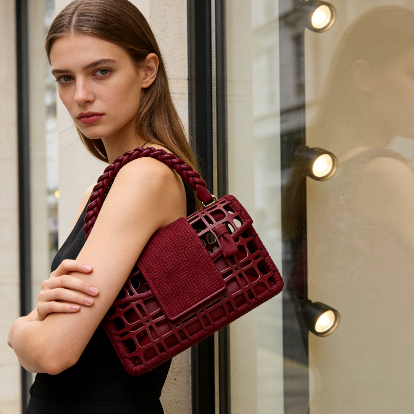 Vintage Red Woven Hollow-Out Handbag