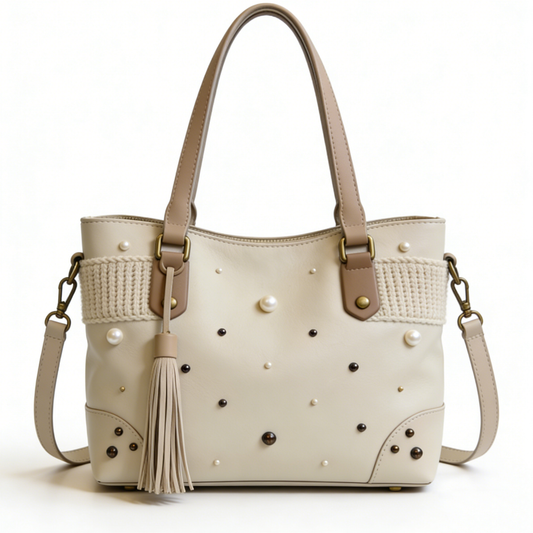 Cream Tassel & Pearl Studded Handbag