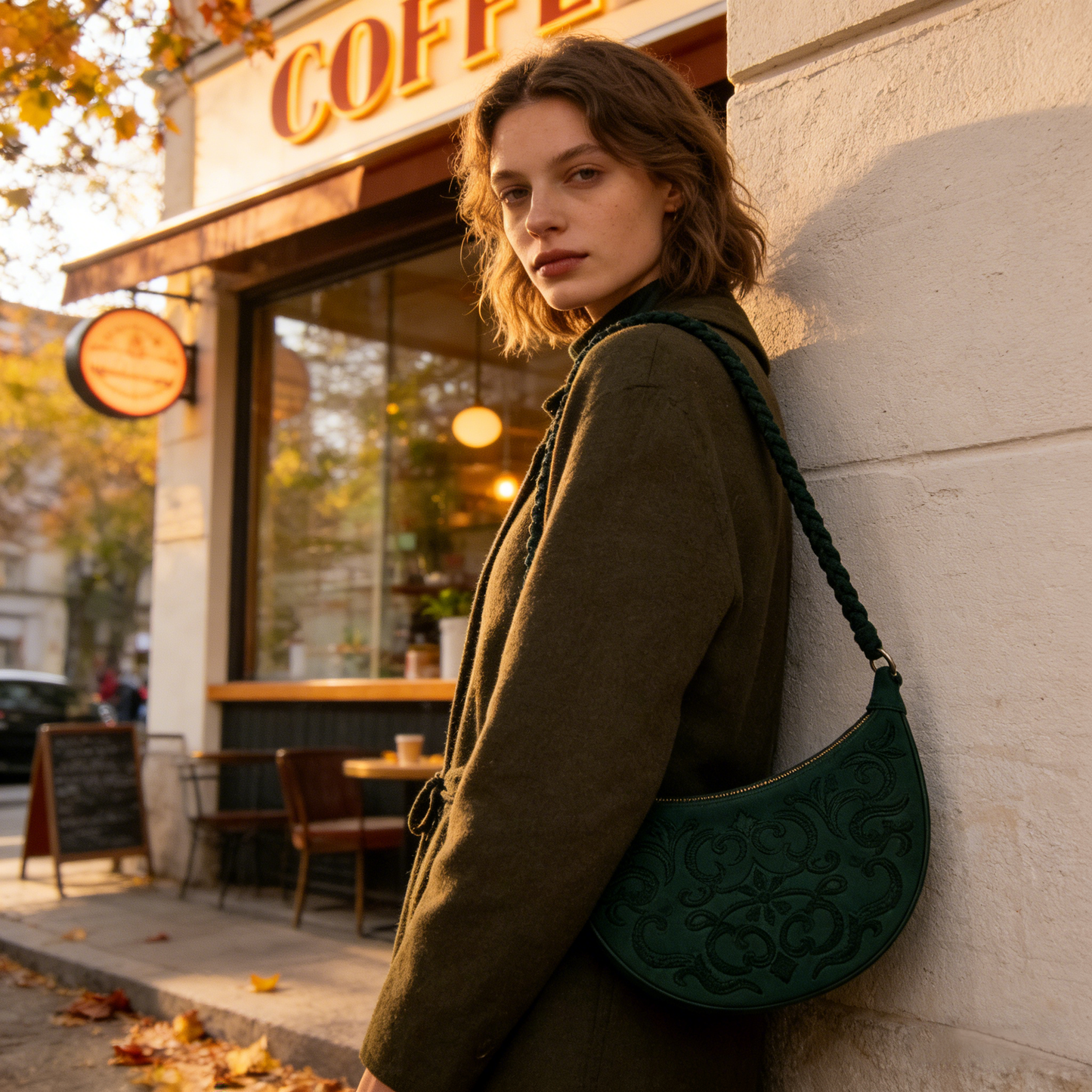 Dark Green Embroidered Braided Strap Underarm Bag