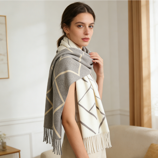 Grey & Cream Geometric Line Reversible Scarf