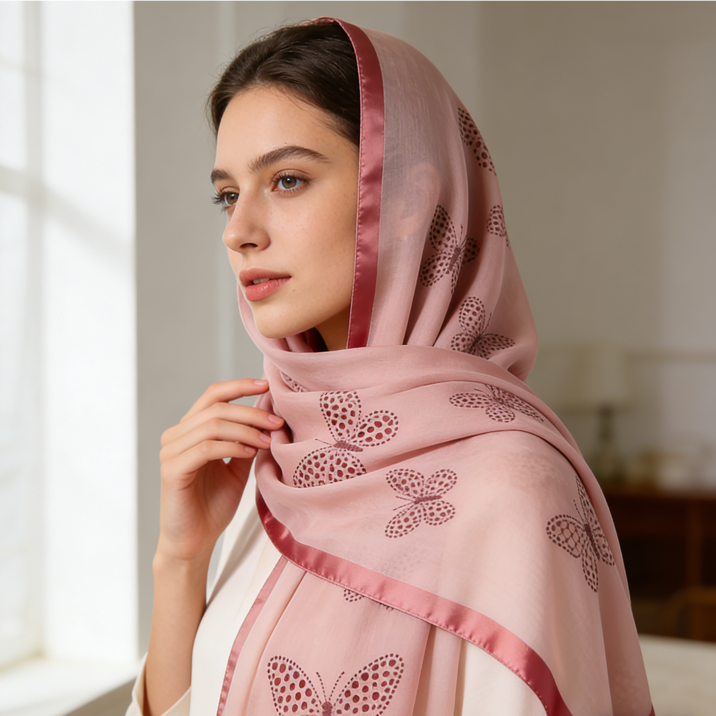 Blush Pink Polka Dot Butterfly Silk-Like Scarf