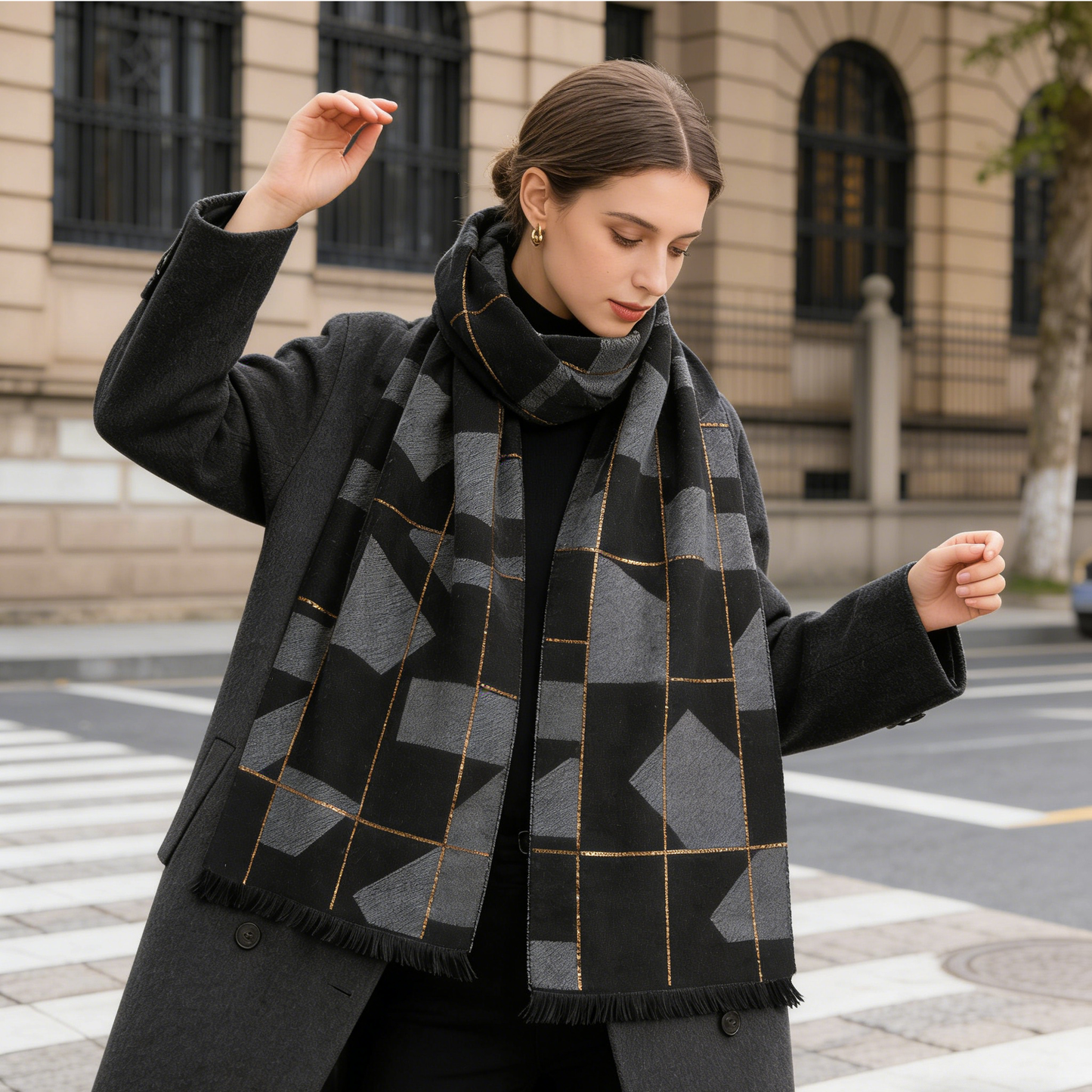 Gilded Geo Black Grey Metallic Scarf