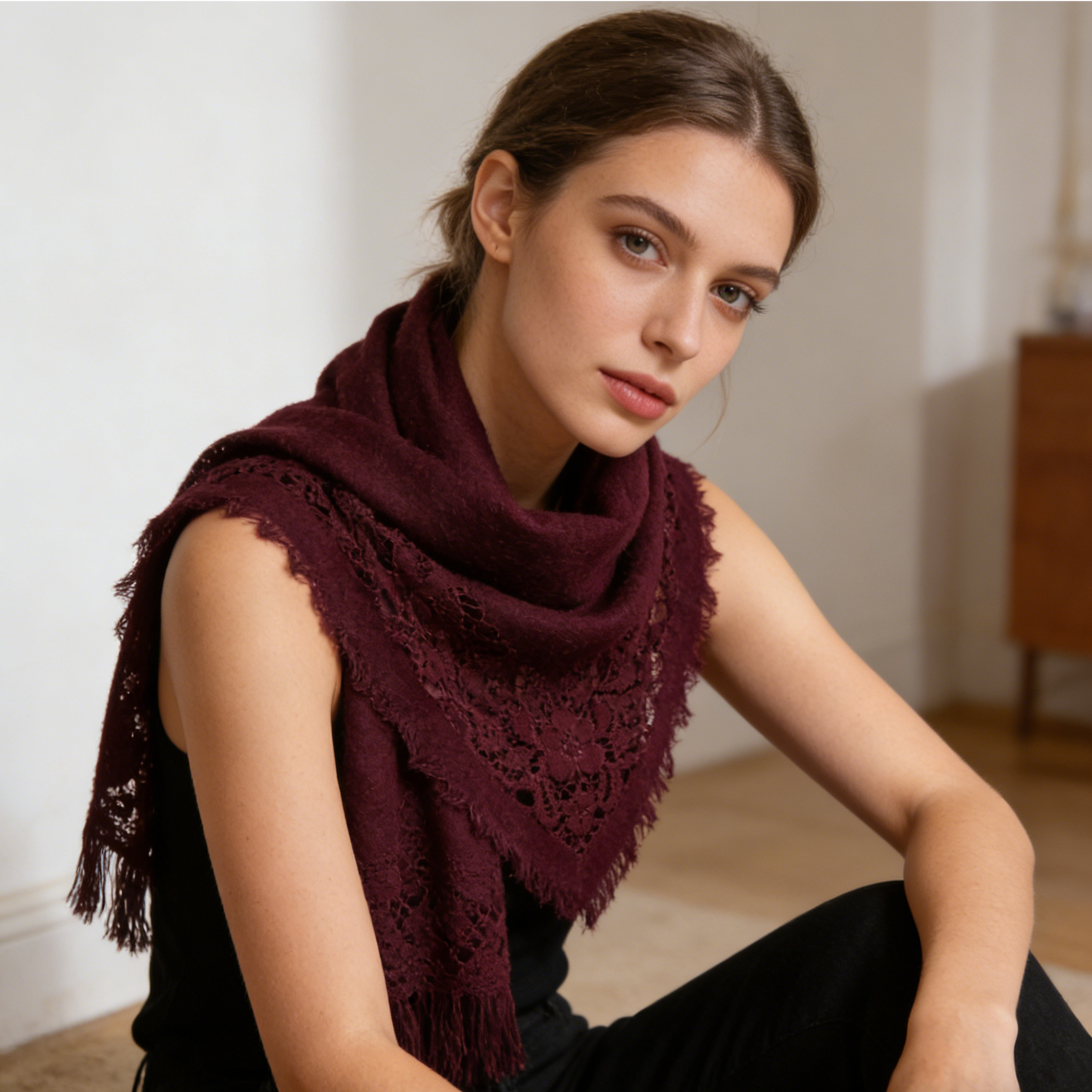 Lace Trim Burgundy Triangle Scarf