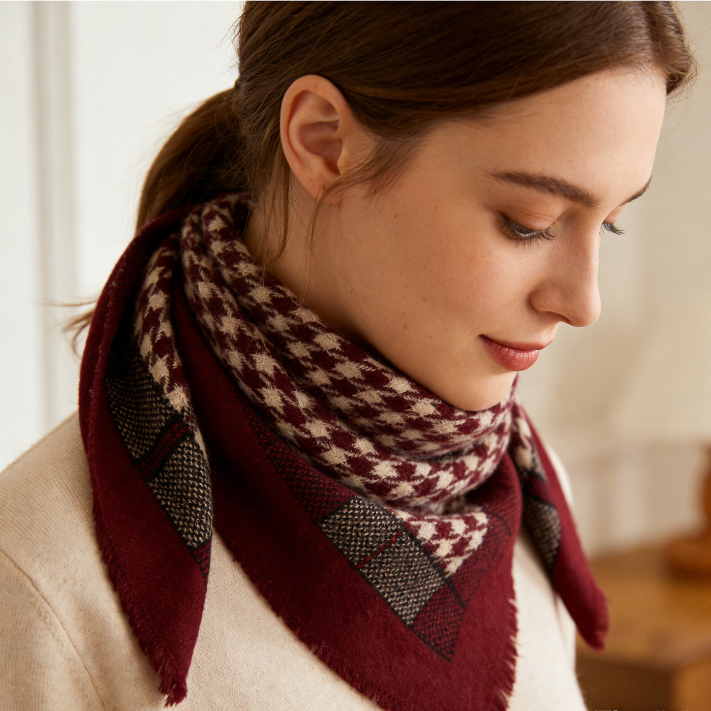 Burgundy Houndstooth Triangle Scarf