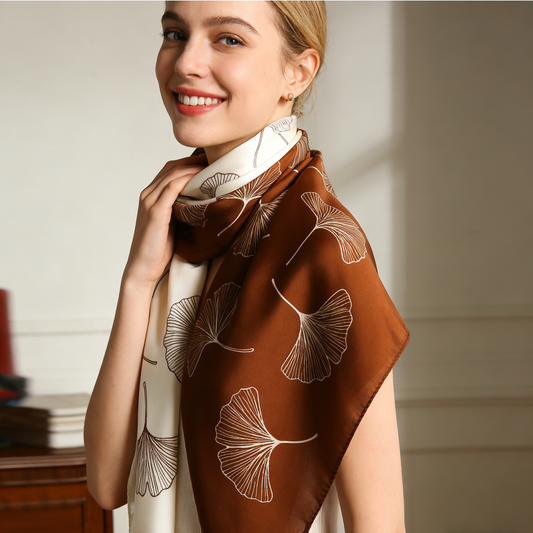 Whispering Ginkgo Color-Block Silk-Like Square Scarf