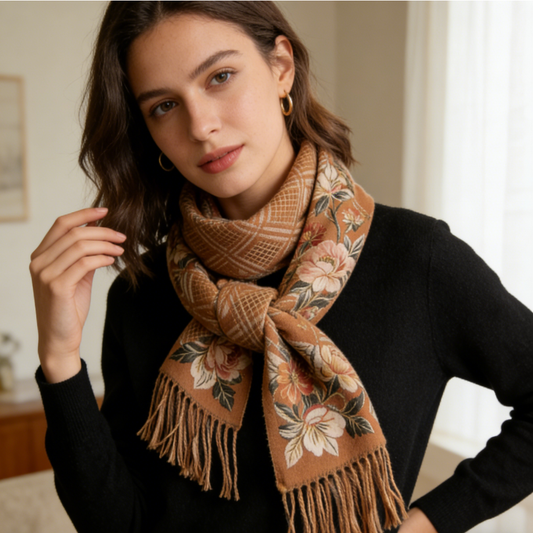 Caramel Peony Floral Tasseled Scarf