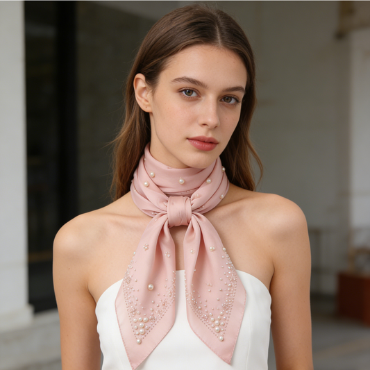Blush Pink Pearl Embellished Silk-Like Scarf