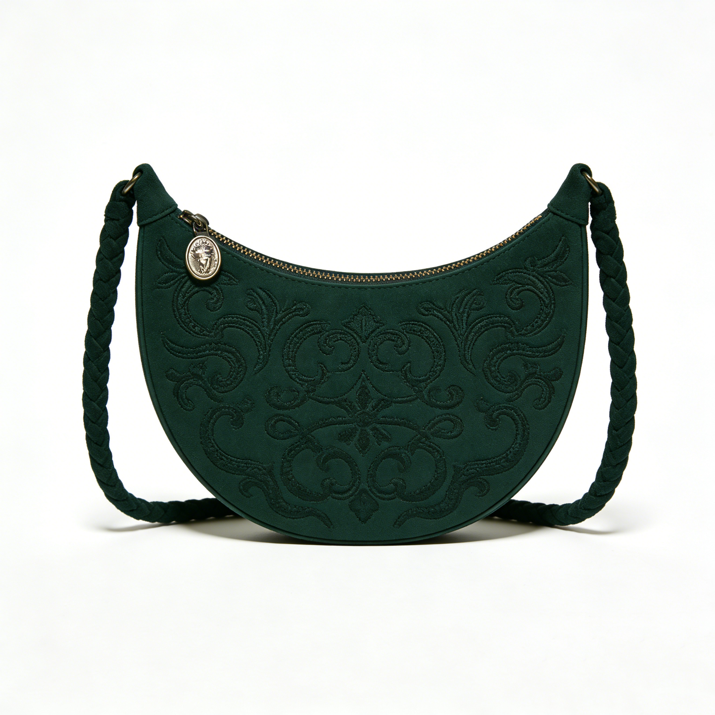 Dark Green Embroidered Braided Strap Underarm Bag