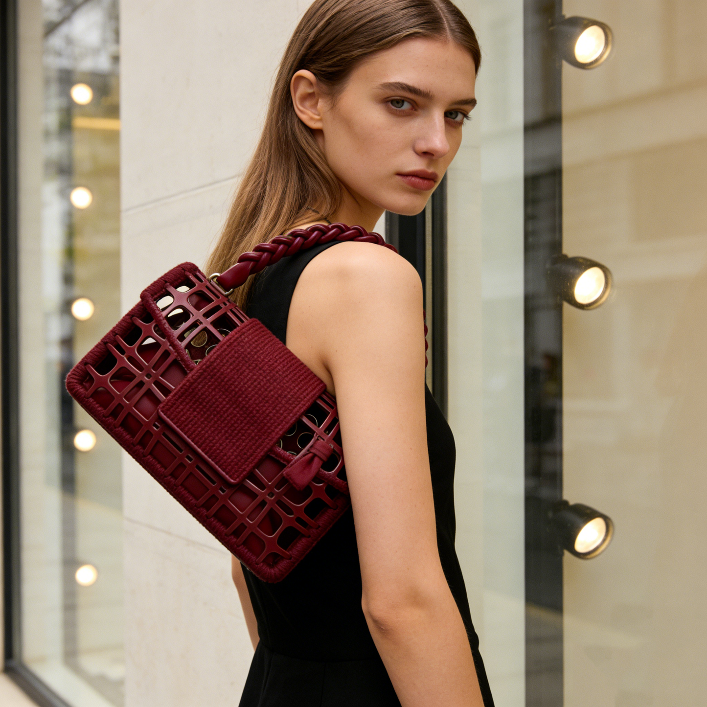 Vintage Red Woven Hollow-Out Handbag