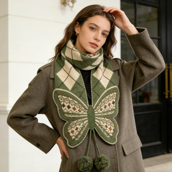 Green Butterfly Argyle Knit Scarf