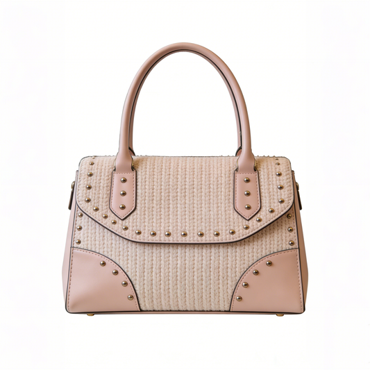 Blush Studded Straw Satchel