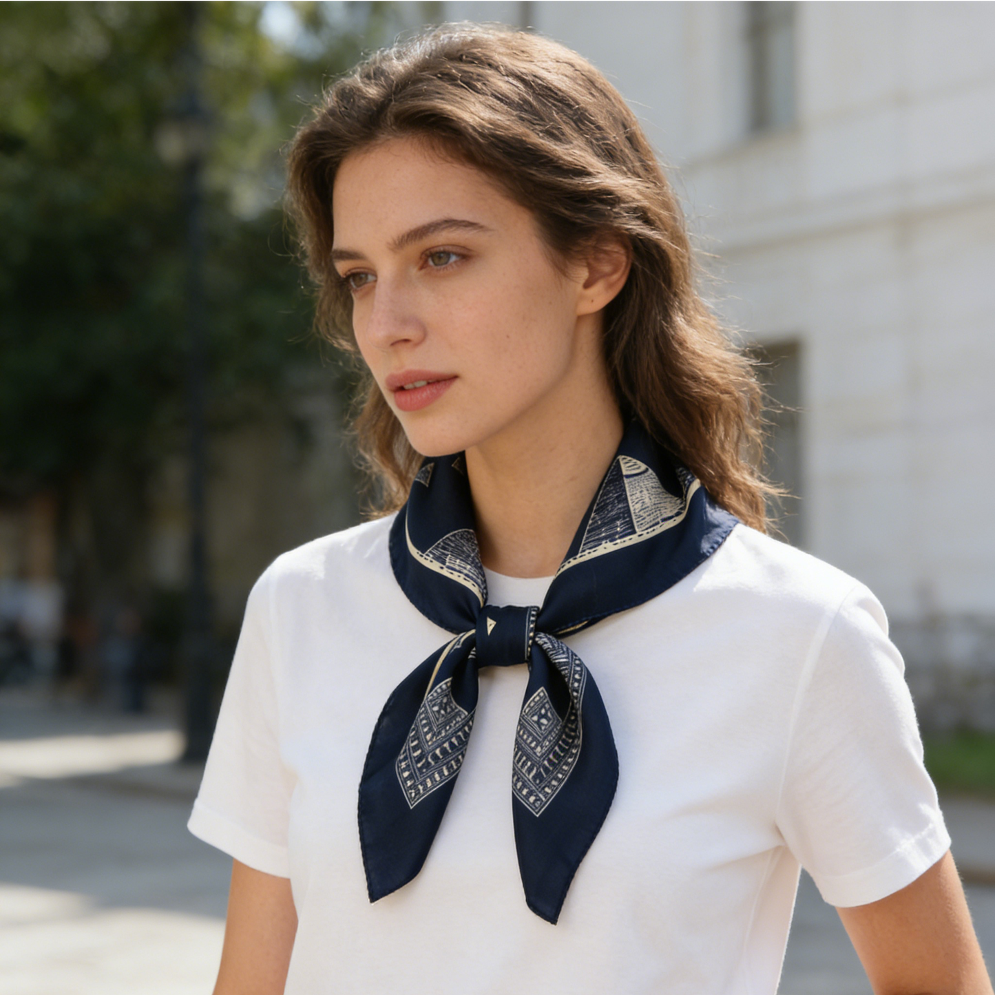 Navy Blue Geometric Totem Silk-Like Square Scarf