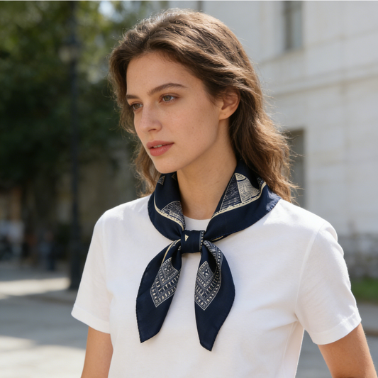 Navy Blue Geometric Totem Silk-Like Square Scarf