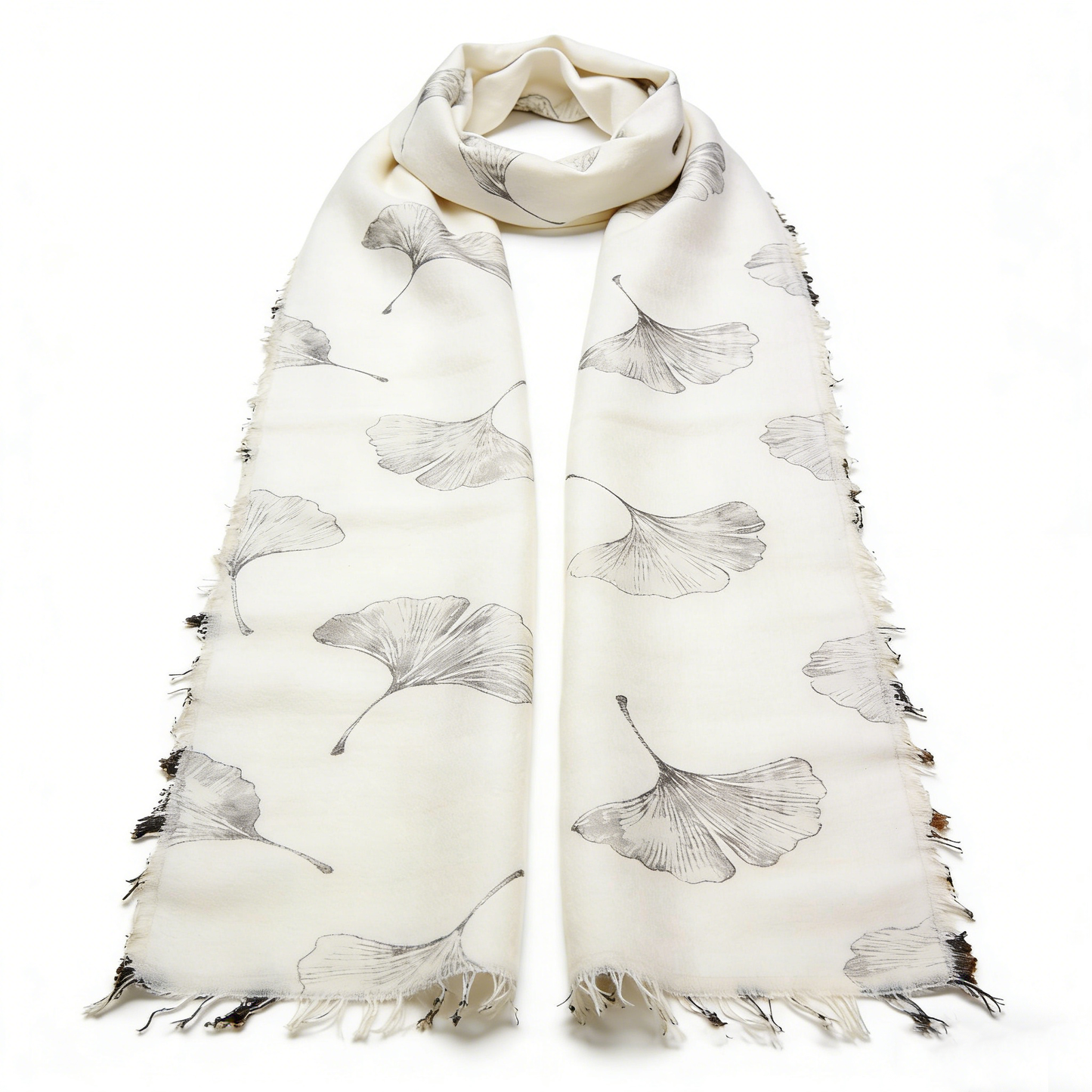 Ink Wash Ginkgo Print Scarf with Fringes