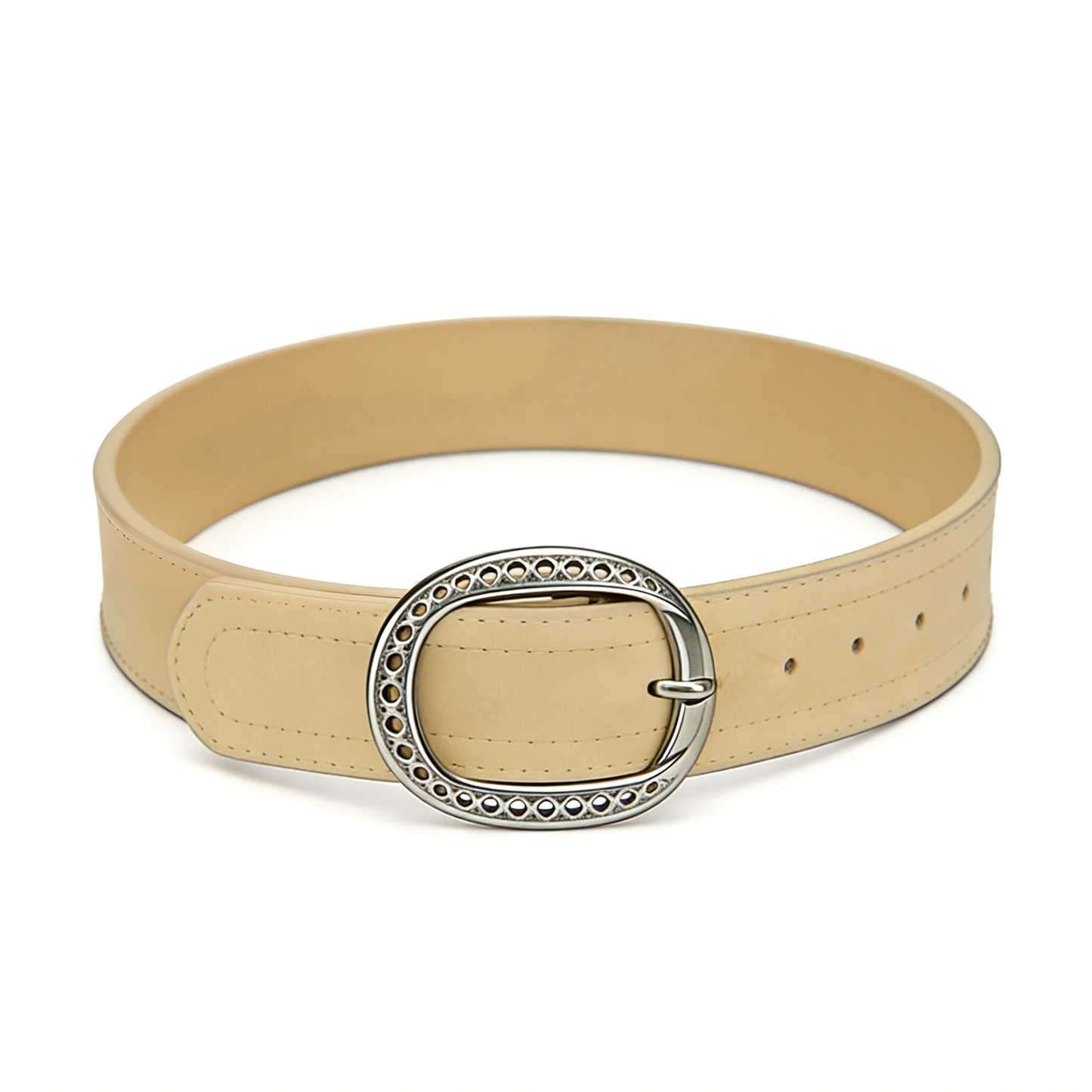 Oval Buckle Beige Leather Belt