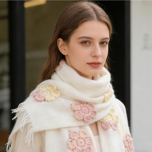 Hand-Knitted Flower Cream Mohair Scarf