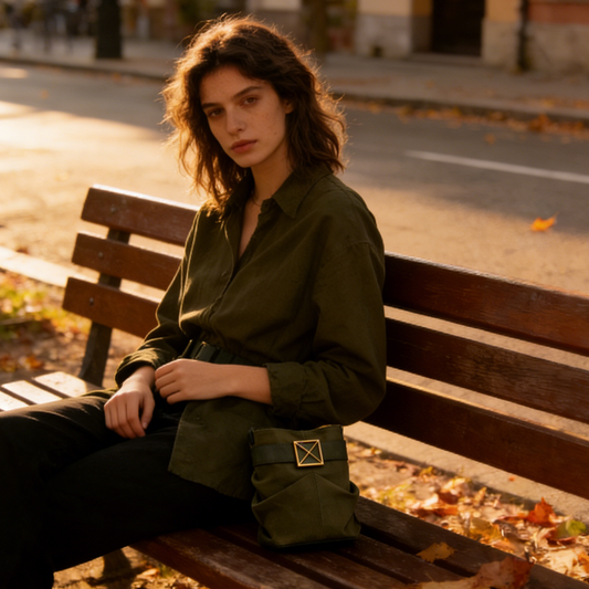 Olive Green Canvas Shoulder Bag with Metal Buckle