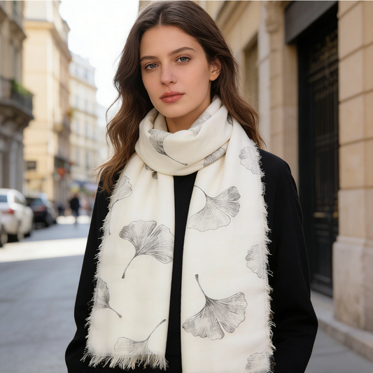 Ink Wash Ginkgo Print Scarf with Fringes