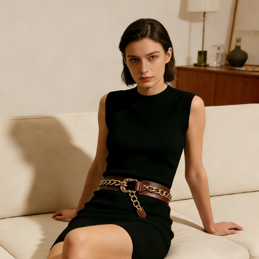 Metal Chain Spliced Leather Belt