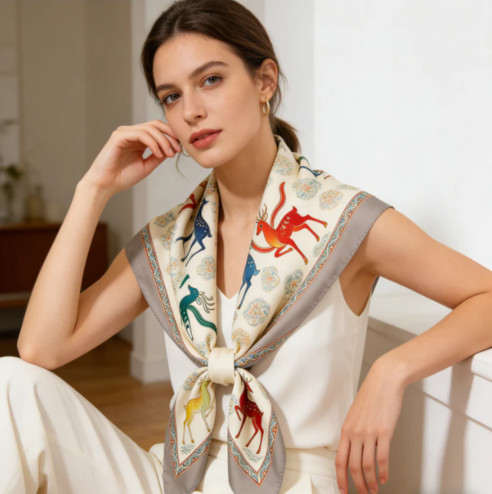 Colorful Deer & Cloud Silk-Like Scarf