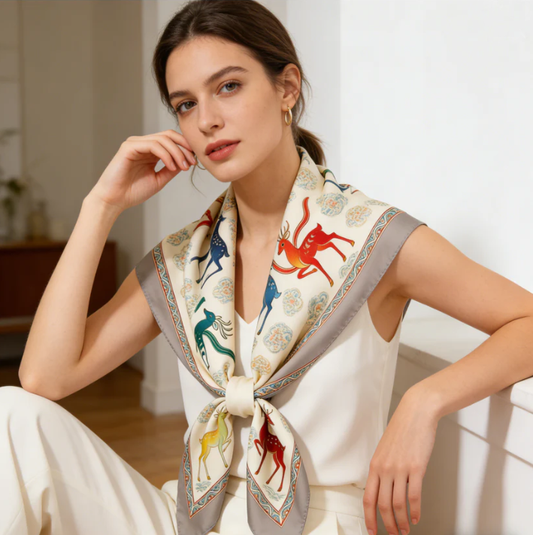 Colorful Deer & Cloud Silk-Like Scarf