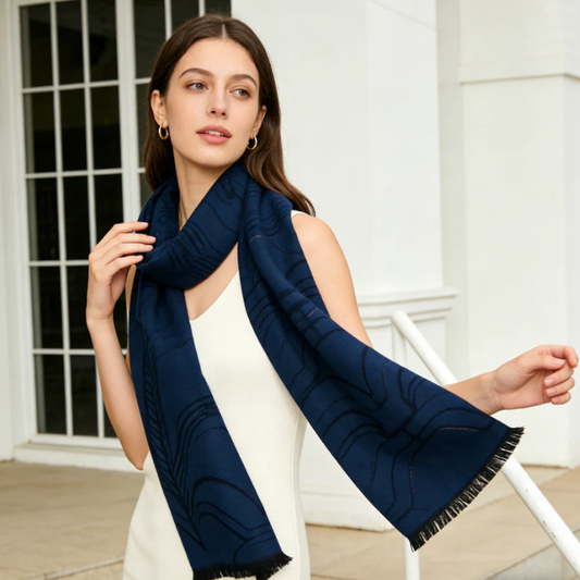 Navy Blue Abstract Botanical Jacquard Scarf