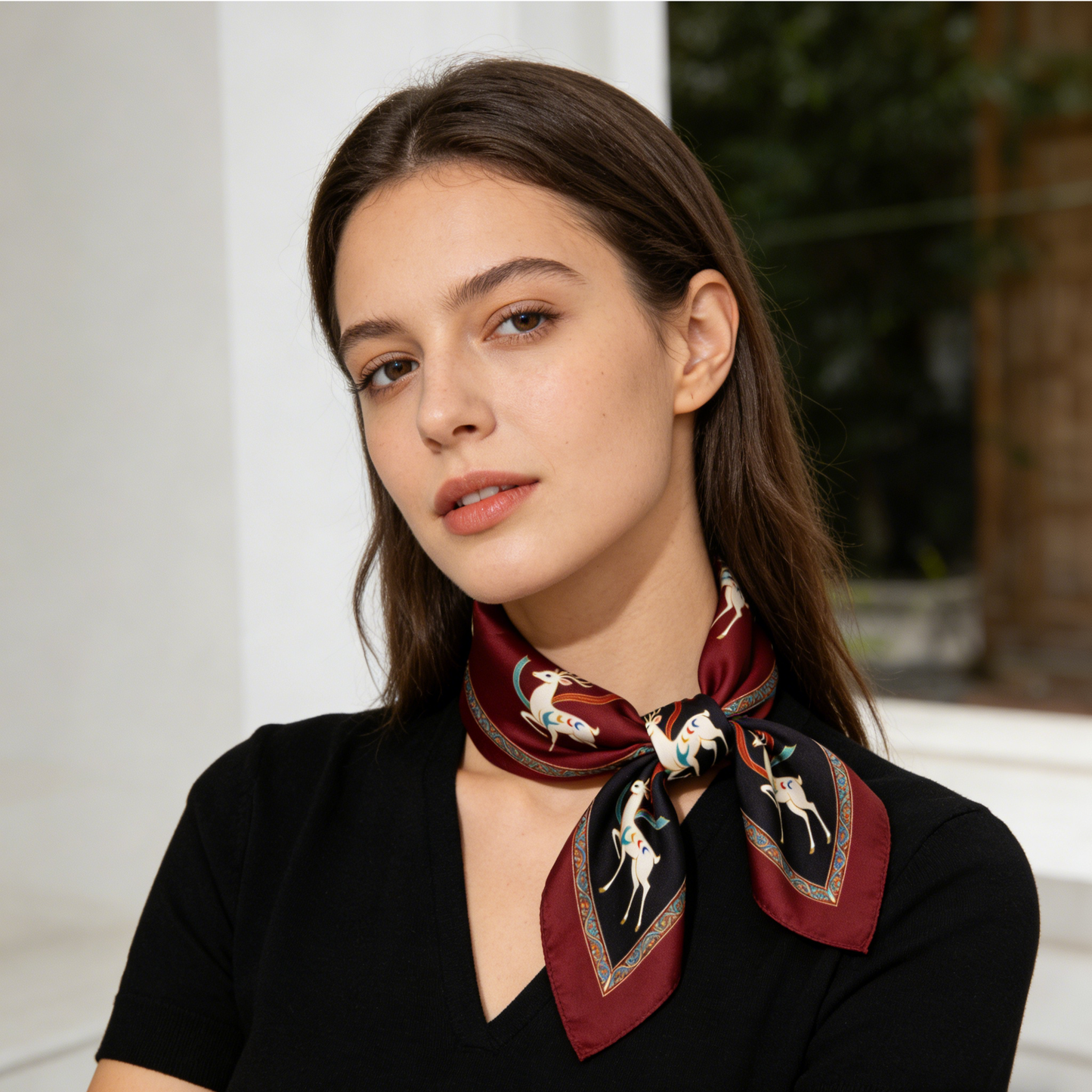 Burgundy Auspicious Deer Totem Silk-Like Scarf