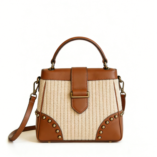 Tan Leather & Straw Studded Satchel